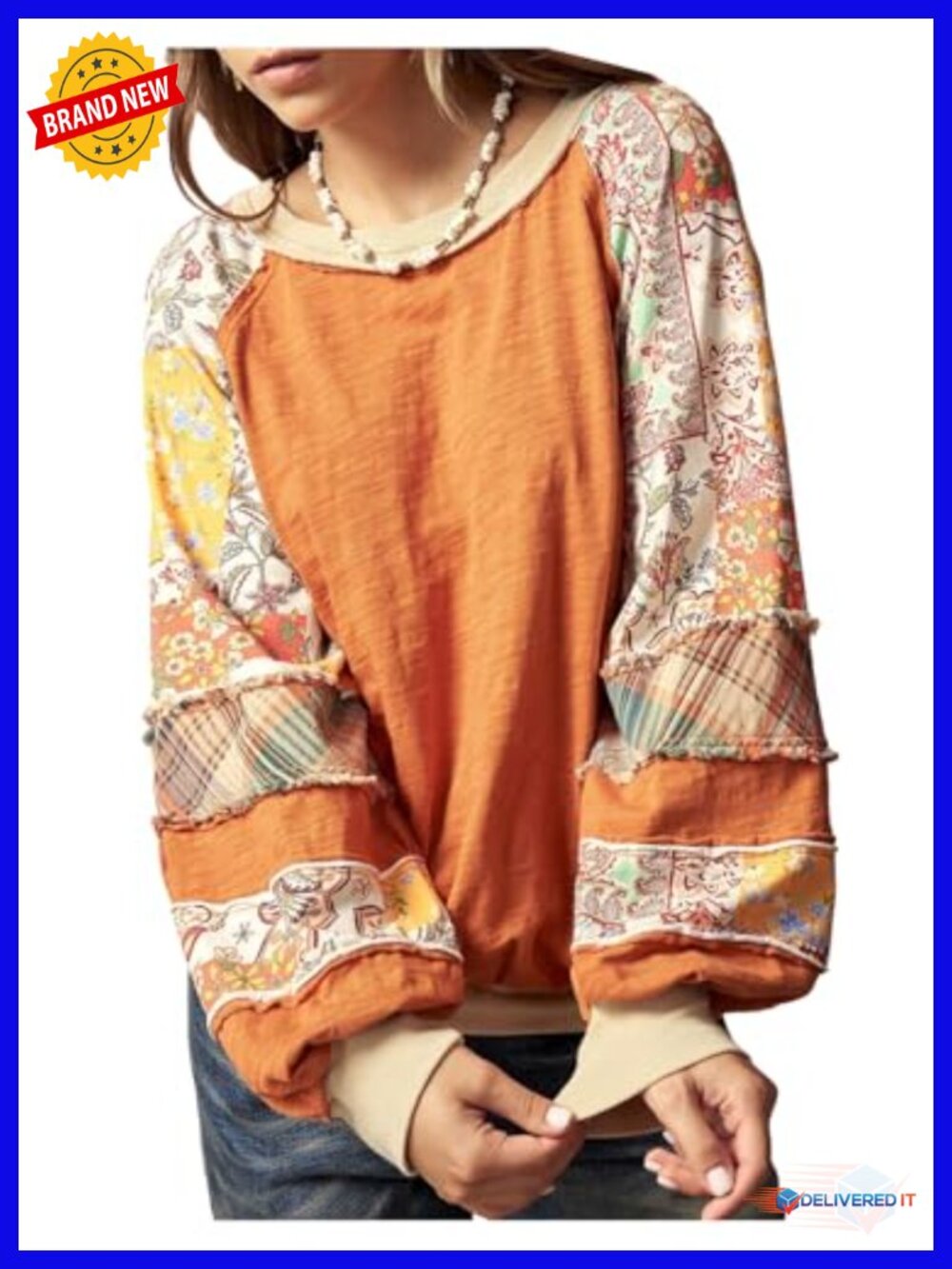 Oversized Boho Floral Crewneck Sweatshirt Women Long Sleeve Colorblock Top